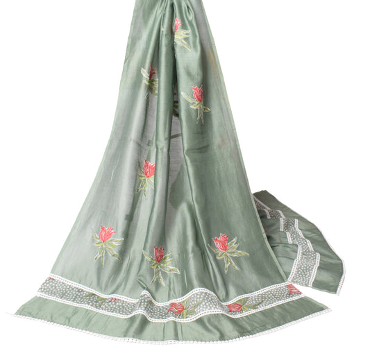 Sushila Vintage Greenish Gray Dupatta Applique Work Pure Cotton Silk Long Stole