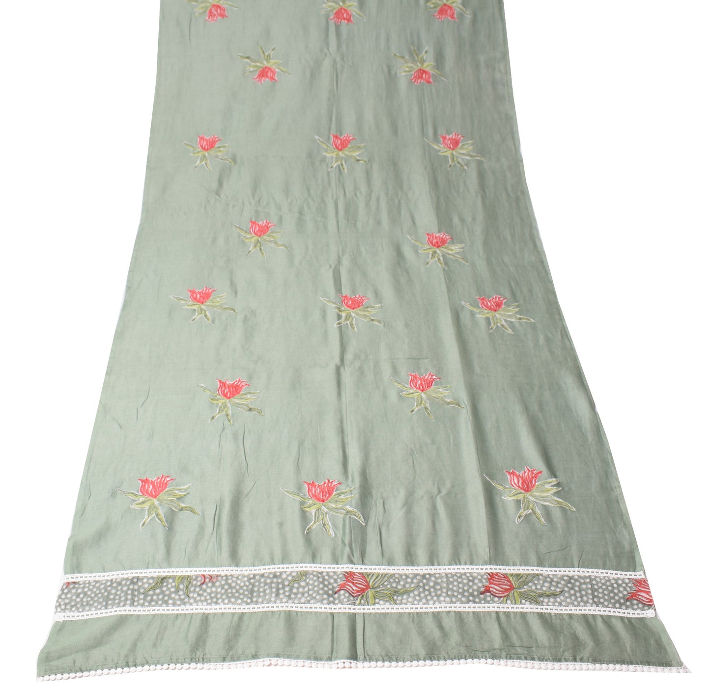 Sushila Vintage Greenish Gray Dupatta Applique Work Pure Cotton Silk Long Stole