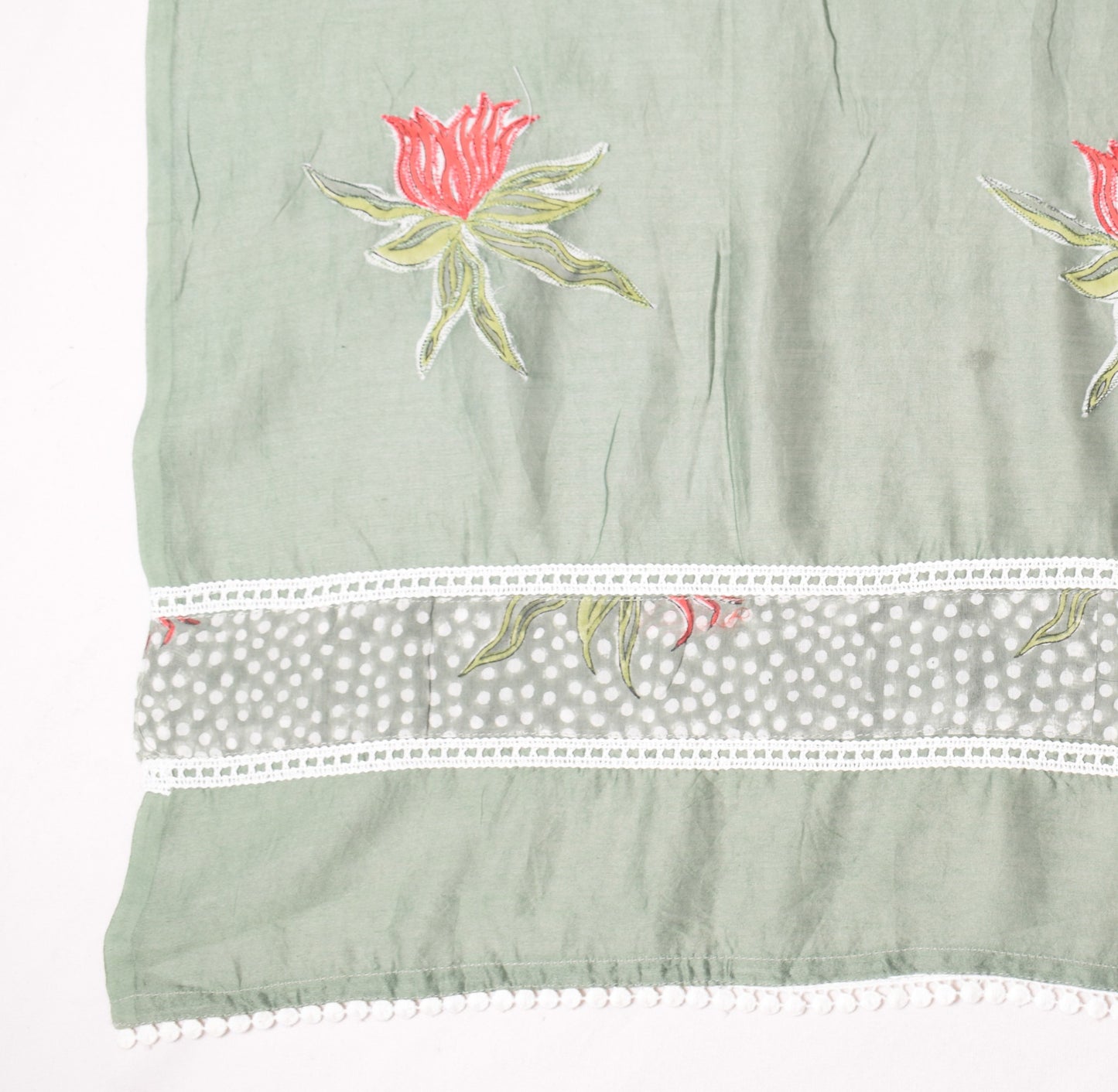 Sushila Vintage Greenish Gray Dupatta Applique Work Pure Cotton Silk Long Stole