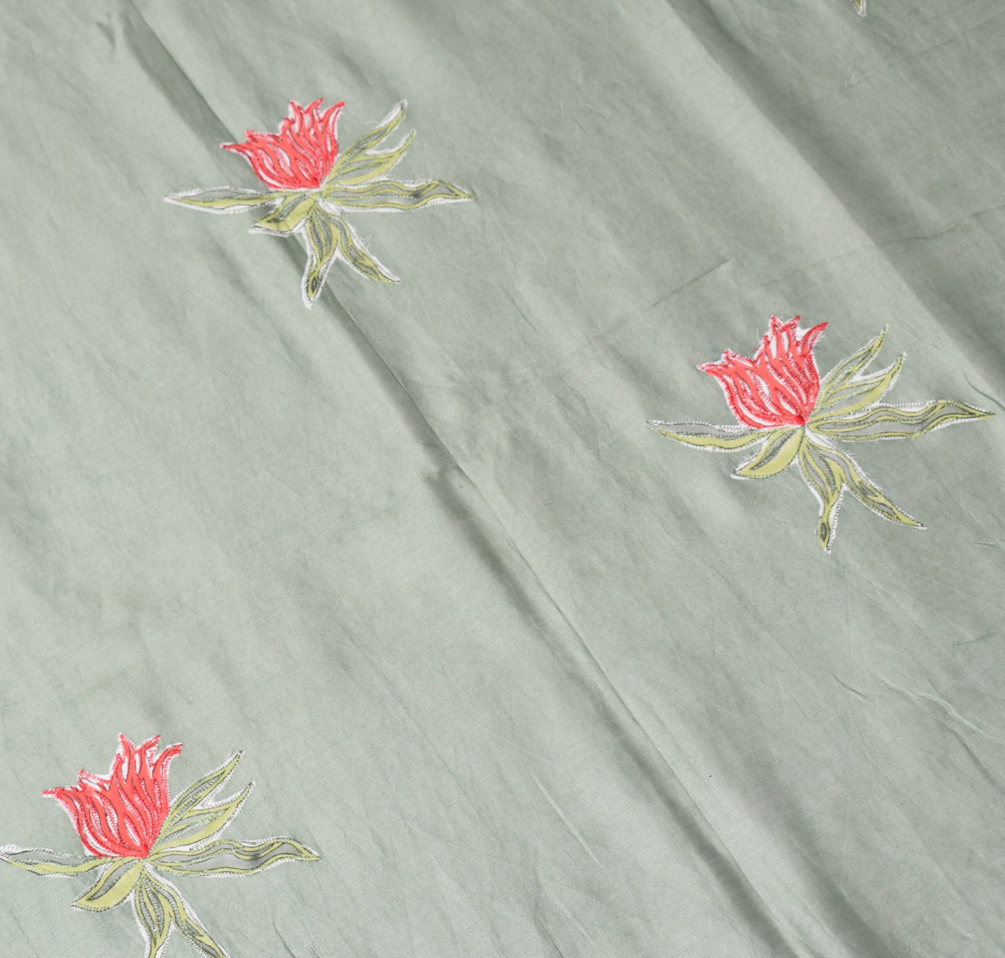 Sushila Vintage Greenish Gray Dupatta Applique Work Pure Cotton Silk Long Stole