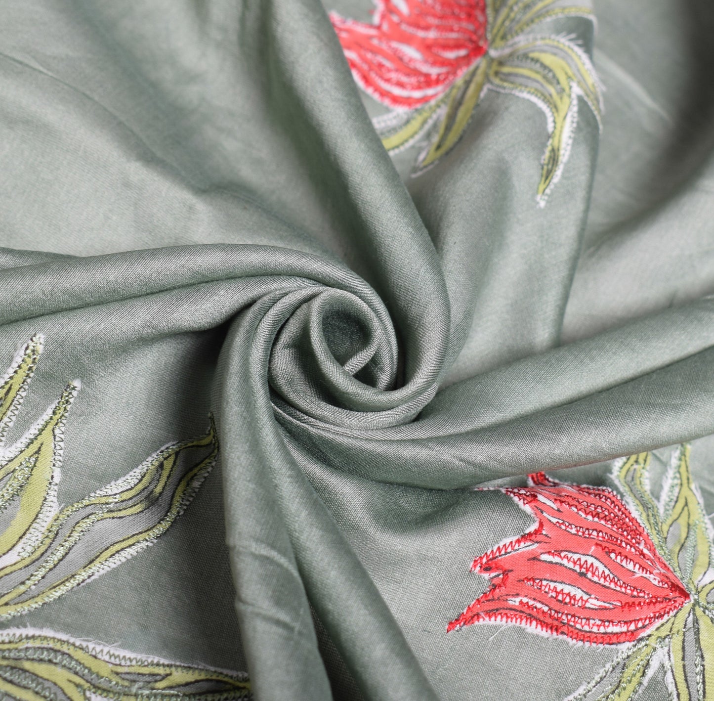 Sushila Vintage Greenish Gray Dupatta Applique Work Pure Cotton Silk Long Stole