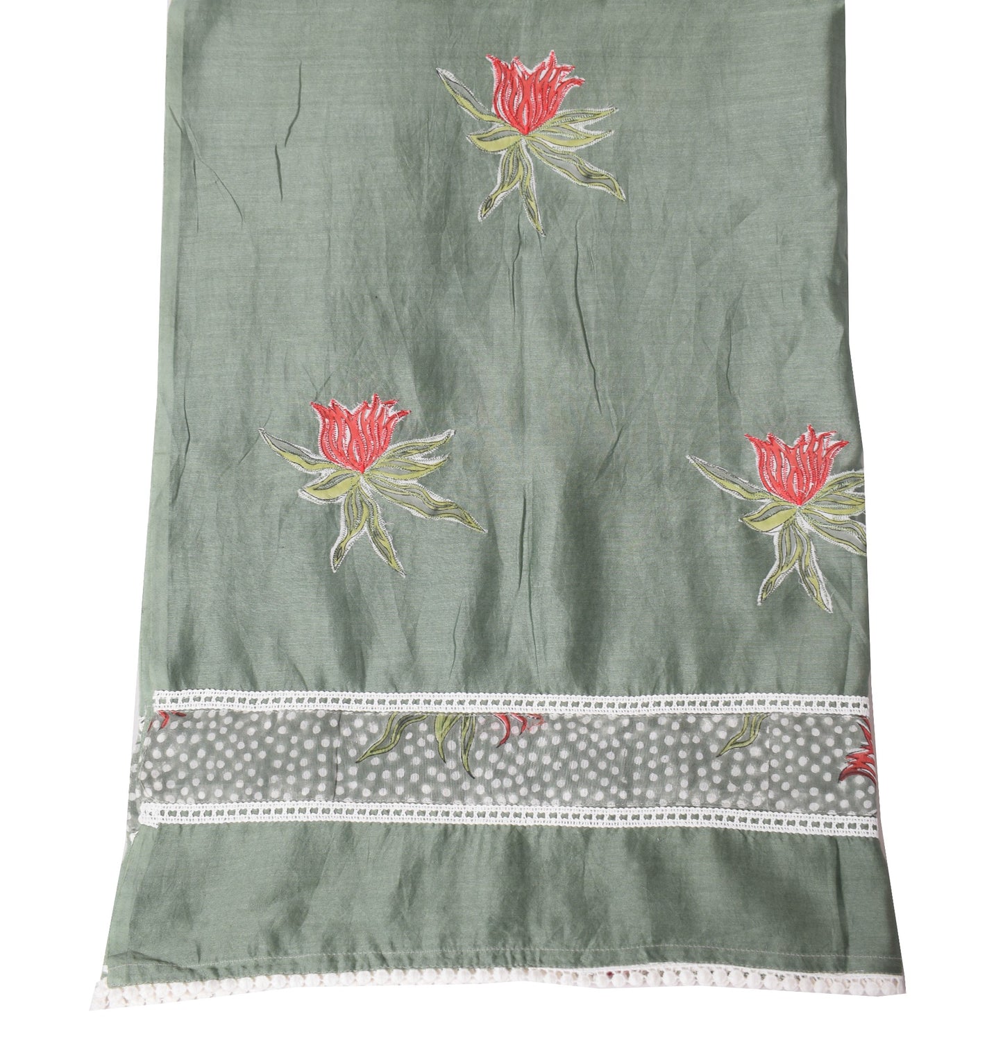 Sushila Vintage Greenish Gray Dupatta Applique Work Pure Cotton Silk Long Stole
