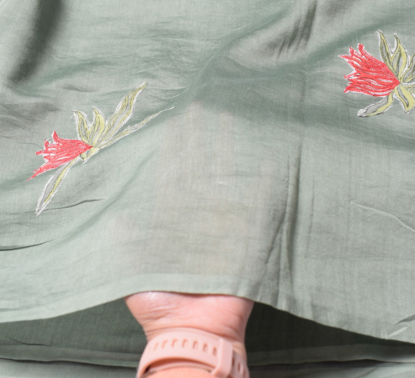 Sushila Vintage Greenish Gray Dupatta Applique Work Pure Cotton Silk Long Stole