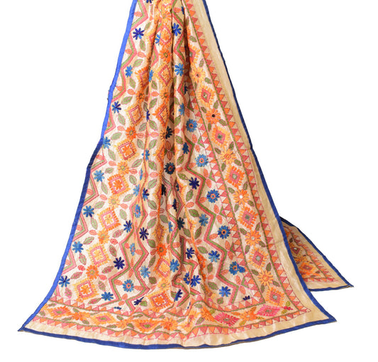 Sushila Vintage Cream Heavy Dupatta Art Silk Handmade Phulkari OOAK Long Stole