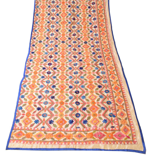 Sushila Vintage Cream Heavy Dupatta Art Silk Handmade Phulkari OOAK Long Stole