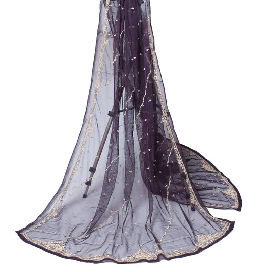 Sushila Vintage Dark Purple Dupatta Hand Beaded Zardozi Net Mesh Long Stole Wrap