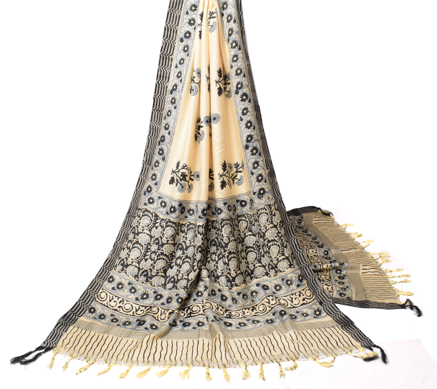Sushila Vintage Floral Cream Dupatta Pure Woolen Hand Block Printed Long Stole