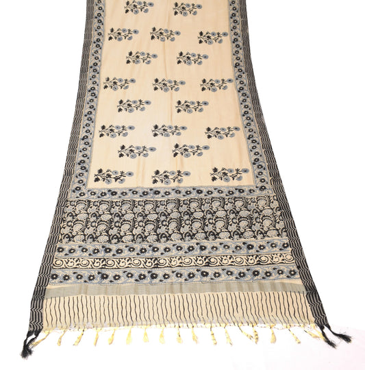 Sushila Vintage Floral Cream Dupatta Pure Woolen Hand Block Printed Long Stole