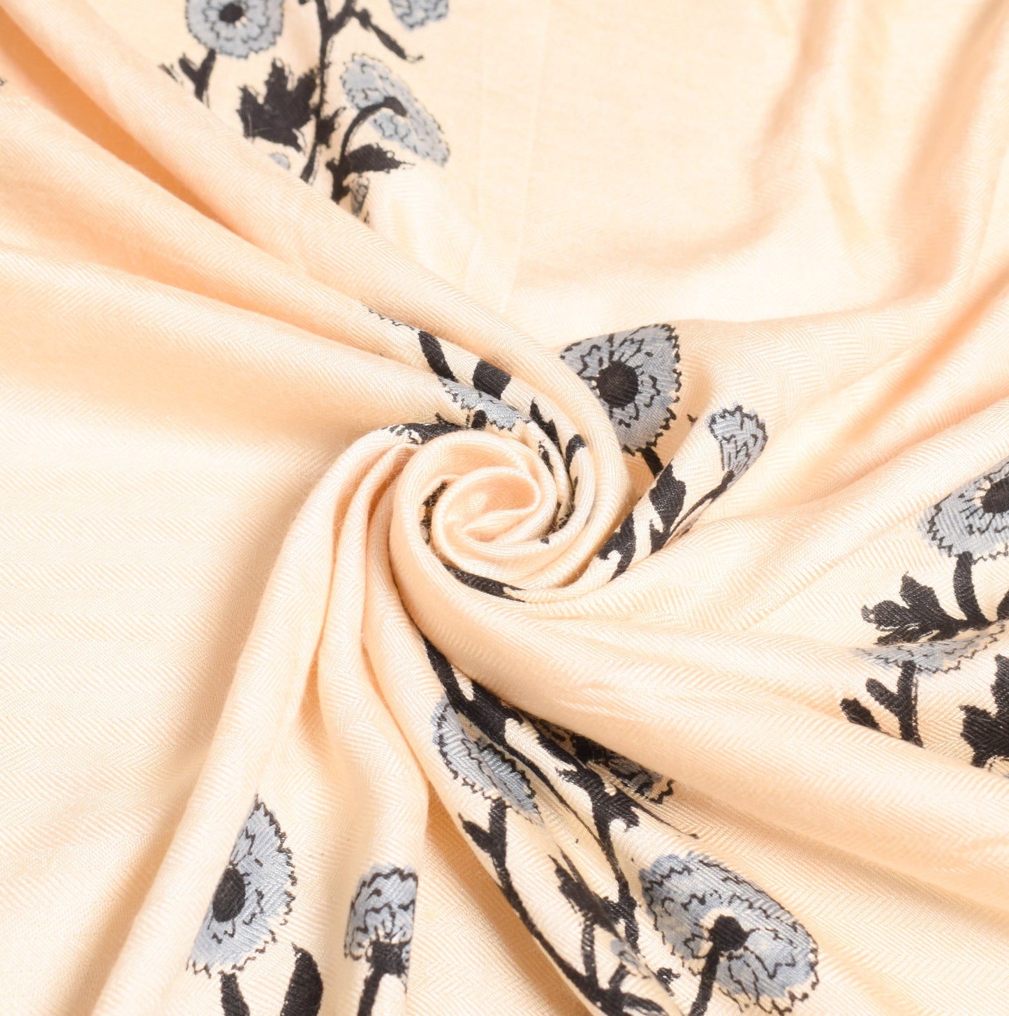 Sushila Vintage Floral Cream Dupatta Pure Woolen Hand Block Printed Long Stole