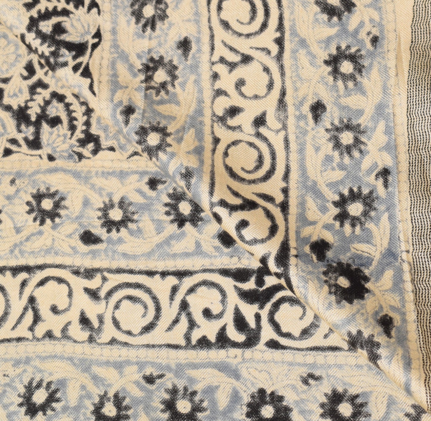 Sushila Vintage Floral Cream Dupatta Pure Woolen Hand Block Printed Long Stole