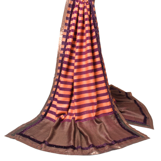 Sushila Vintage Pure Woolen Dupatta Stripes Purple Orange Print Soft Long Stole