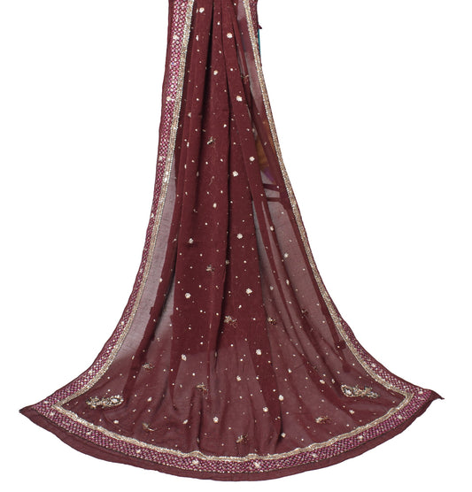 Sushila Vintage Hand Beaded Dupatta Pure Chiffon Dark Maroon Floral Long Stole