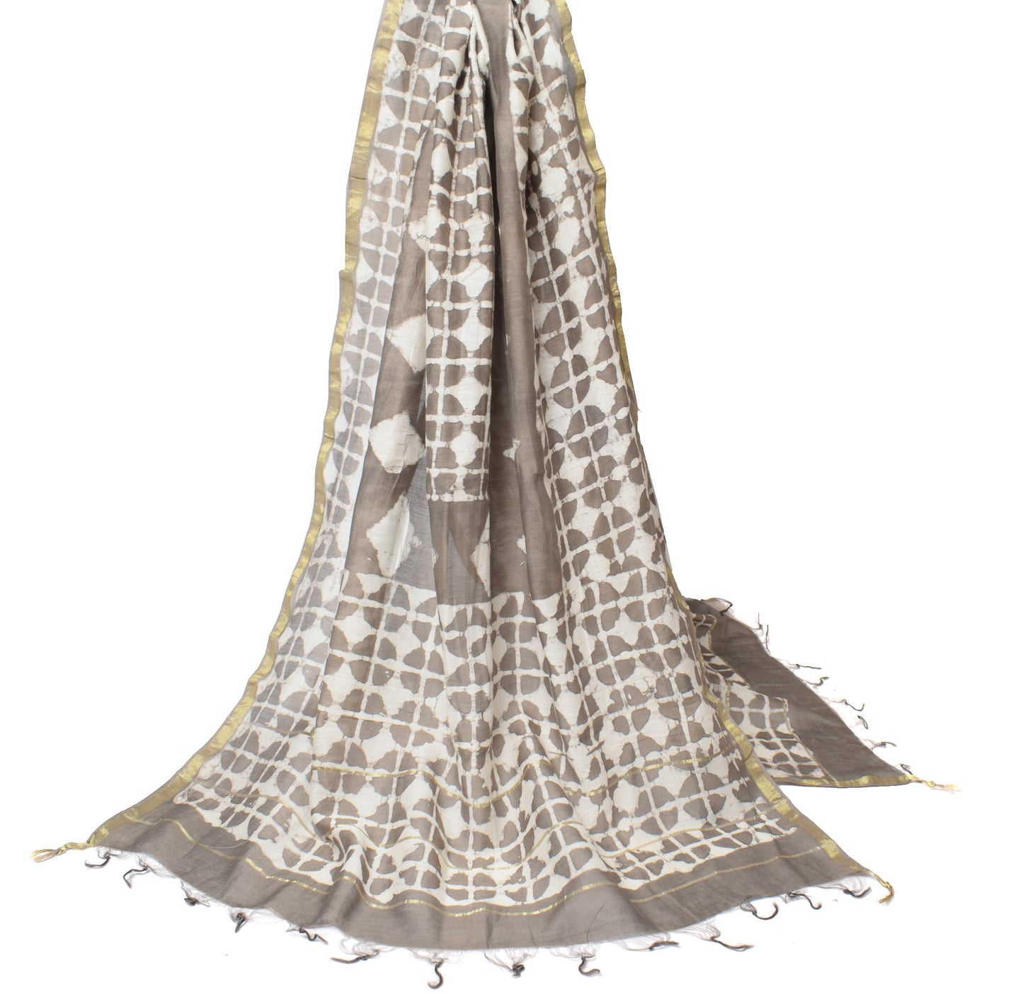 Sushila Vintage Batik Printed Dupatta Pure Cotton Silk Brown Woven Long Stole