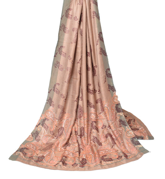 Sushila Vintage Hand Block Print Dupatta Paisley Brown Pure Woolen Long Stole