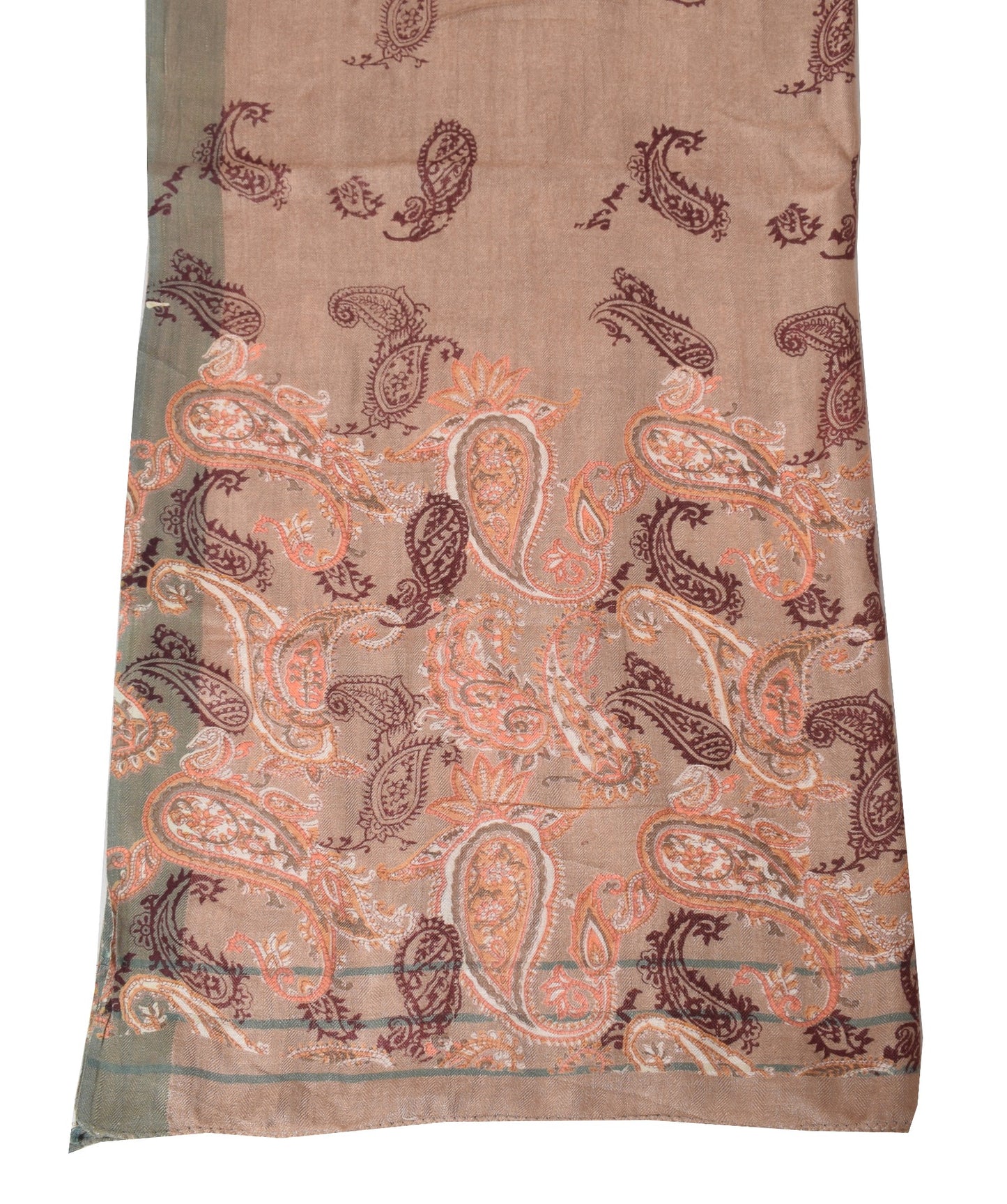 Sushila Vintage Hand Block Print Dupatta Paisley Brown Pure Woolen Long Stole