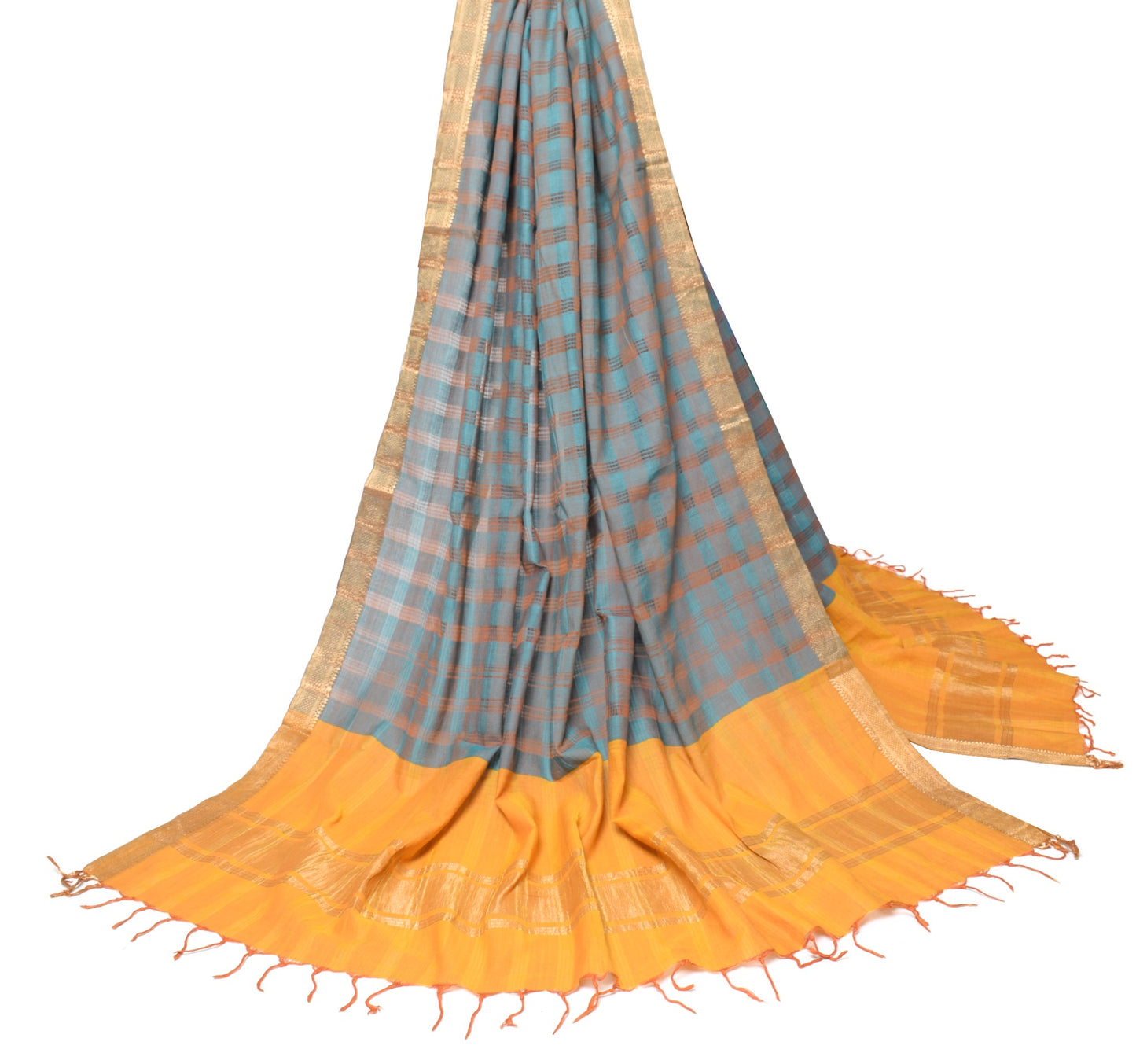 Sushila Vintage Teal Green Dupatta Pure Cotton Checks Woven Soft Long Stole Wrap