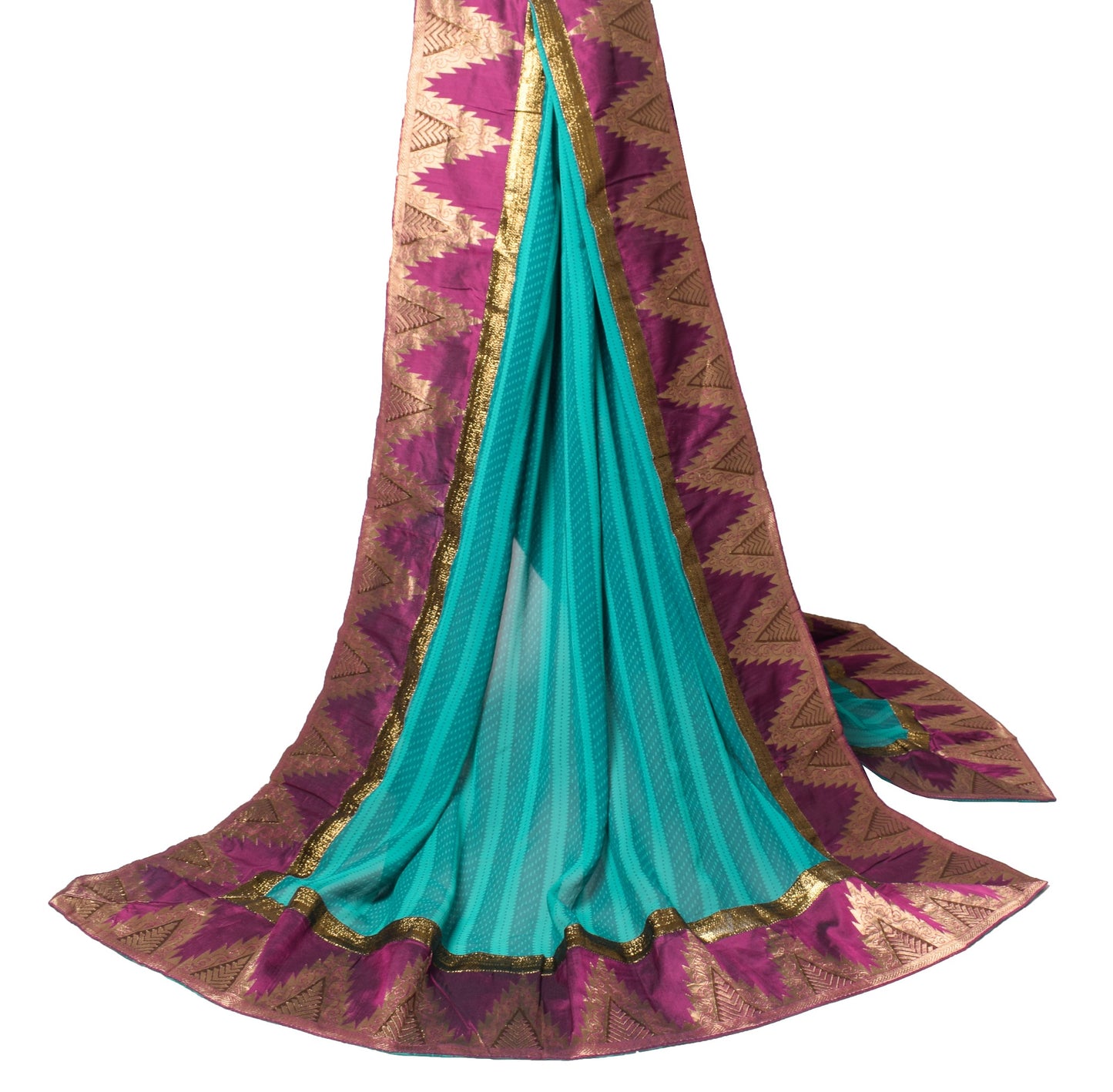 Sushila Vintage Teal Green Dupatta with Purple Border Pure Georgette Long Stole