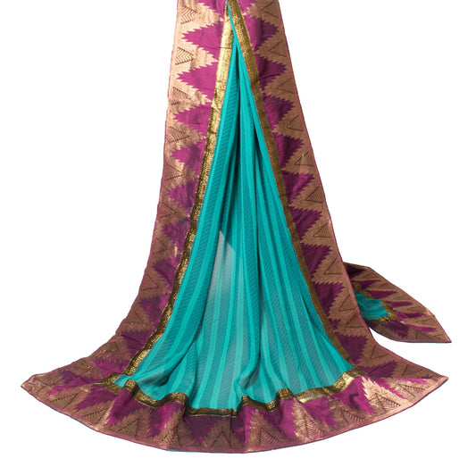 Sushila Vintage Teal Green Dupatta with Purple Border Pure Georgette Long Stole