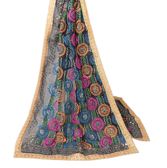 Sushila Vintage Black Heavy Dupatta Art Silk Handmade Phulkari OOAK Long Stole