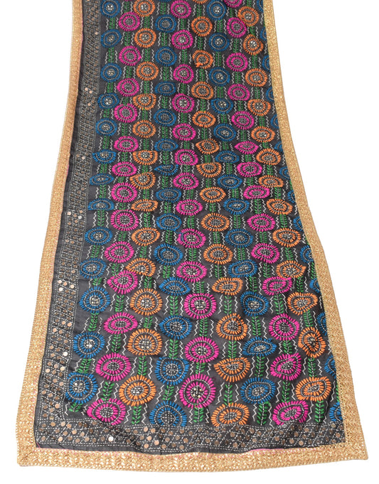 Sushila Vintage Black Heavy Dupatta Art Silk Handmade Phulkari OOAK Long Stole