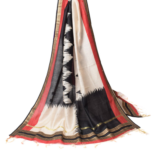Sushila Vintage White & Black Dupatta Pure Cotton Silk Woven Printed Long Stole
