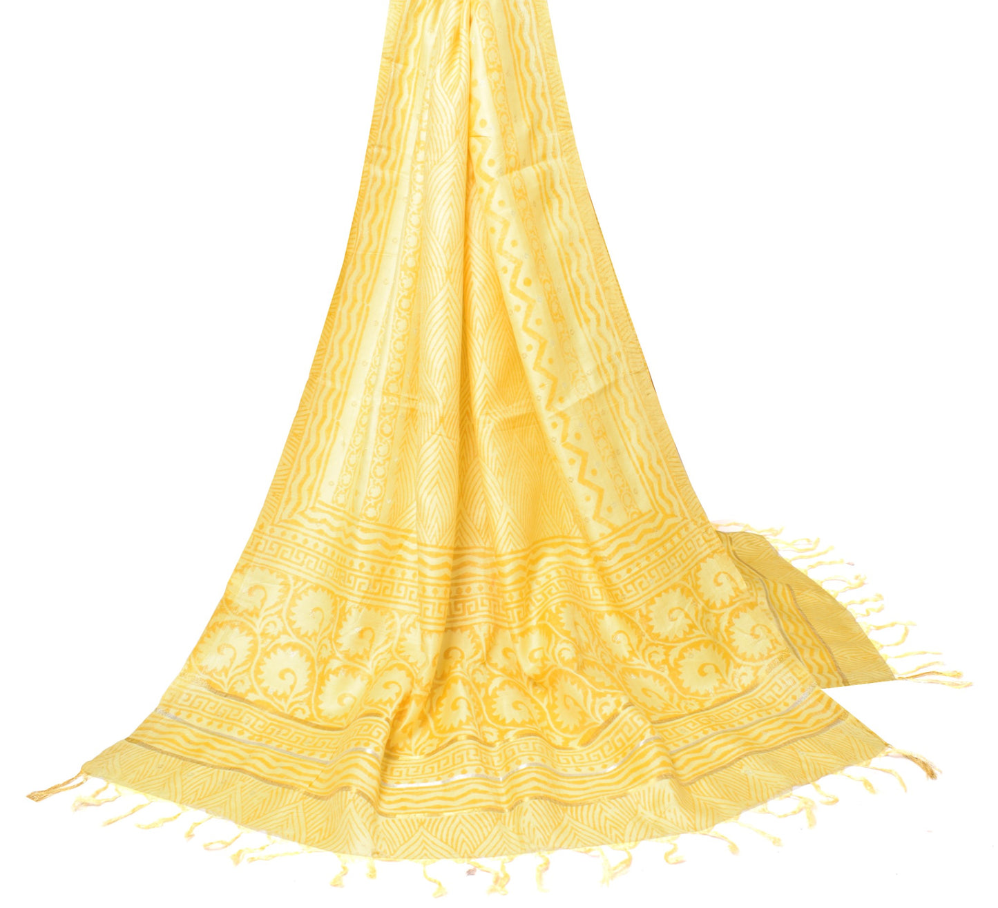Sushila Vintage Pure Woolen Dupatta Hand Block Printed Yellow Warm Long Stole
