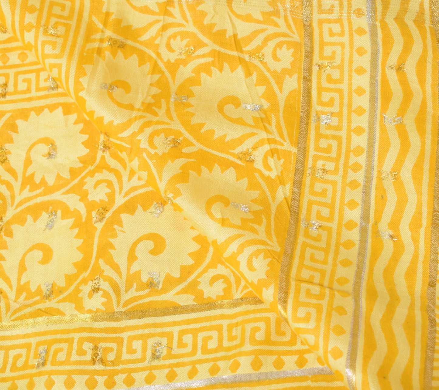 Sushila Vintage Pure Woolen Dupatta Hand Block Printed Yellow Warm Long Stole