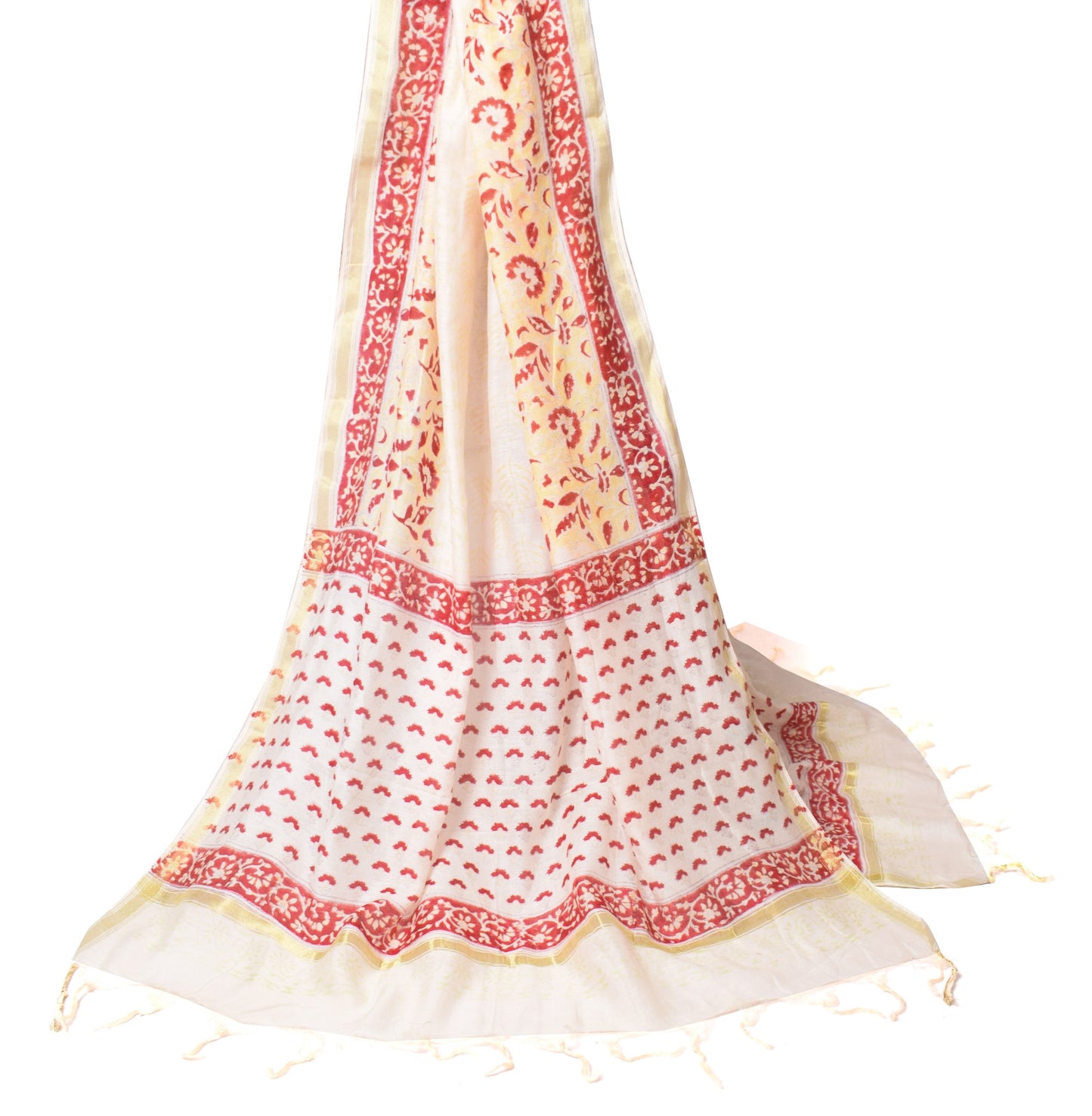 Sushila Vintage Off White Dupatta Hand Block Pure Cotton Silk Floral Long Stole