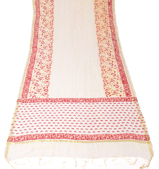 Sushila Vintage Off White Dupatta Hand Block Pure Cotton Silk Floral Long Stole