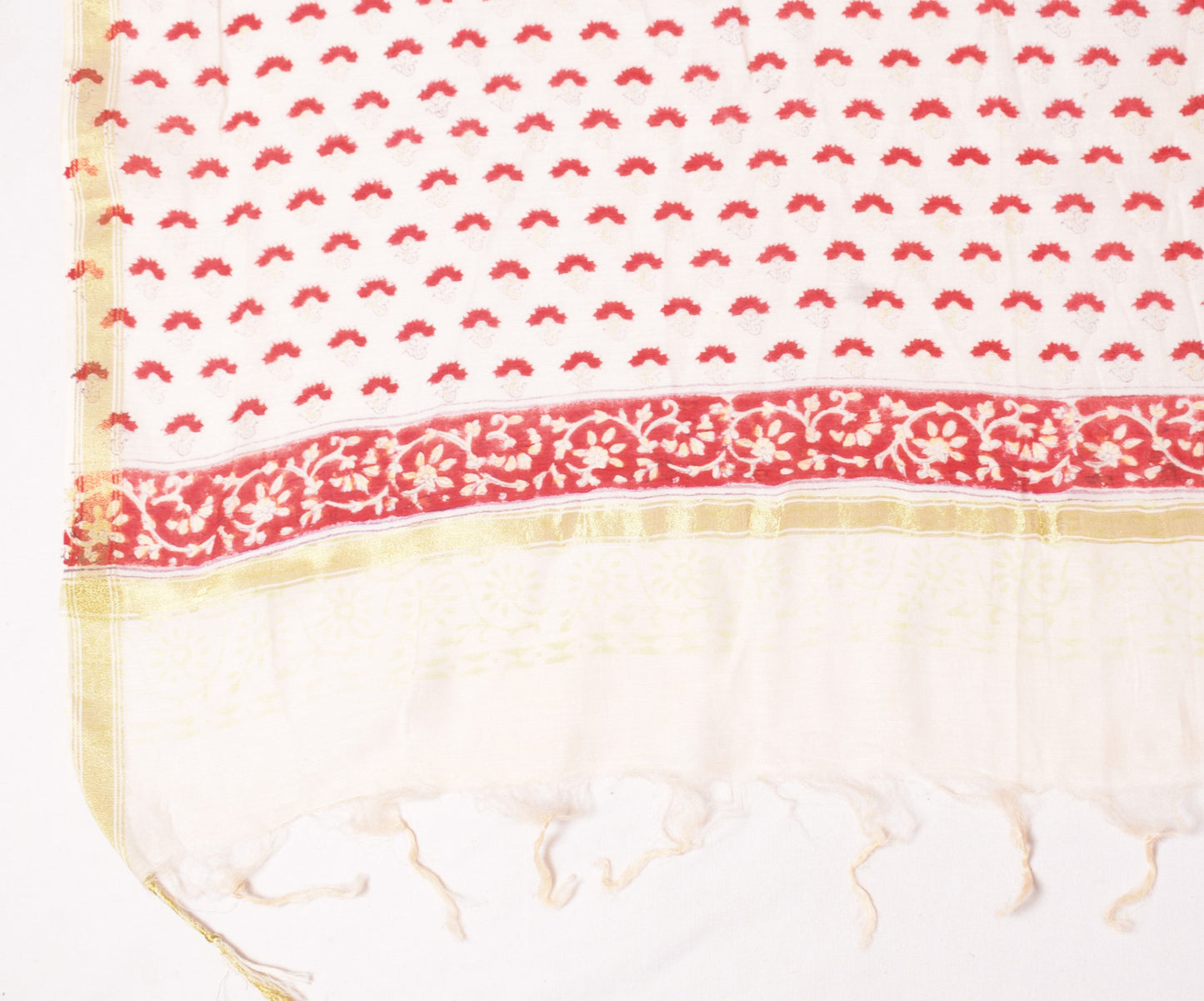 Sushila Vintage Off White Dupatta Hand Block Pure Cotton Silk Floral Long Stole