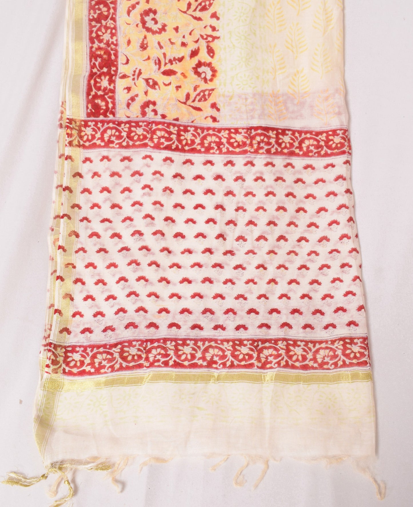 Sushila Vintage Off White Dupatta Hand Block Pure Cotton Silk Floral Long Stole