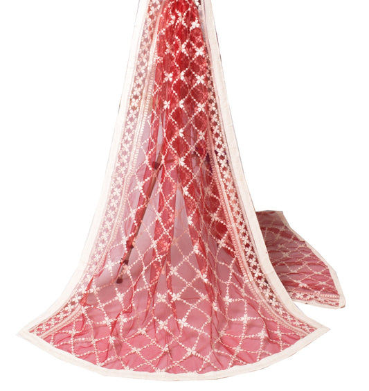 Sushila Vintage Net Mesh Dupatta Floral Embroidered Red Traditional Long Stole