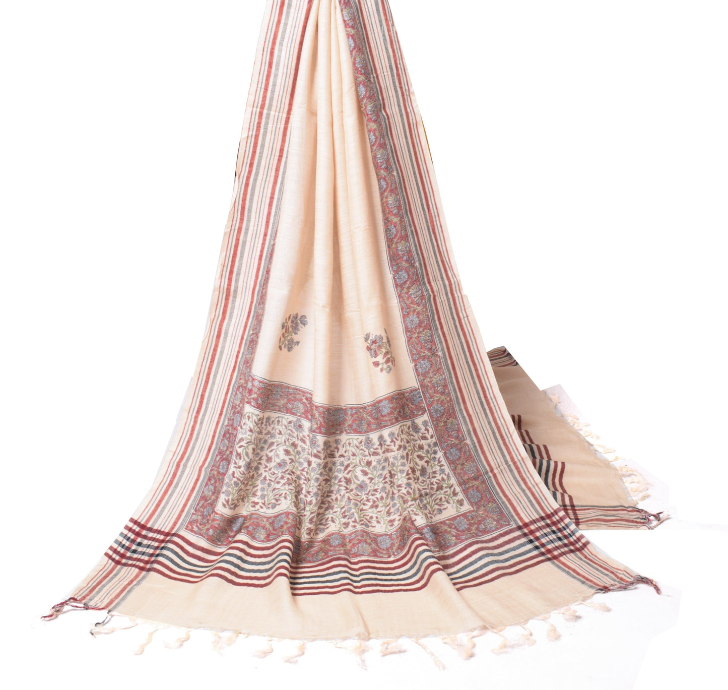 Sushila Vintage Cream Floral Dupatta 100%Pure Woolen Hand Block Print Long Stole