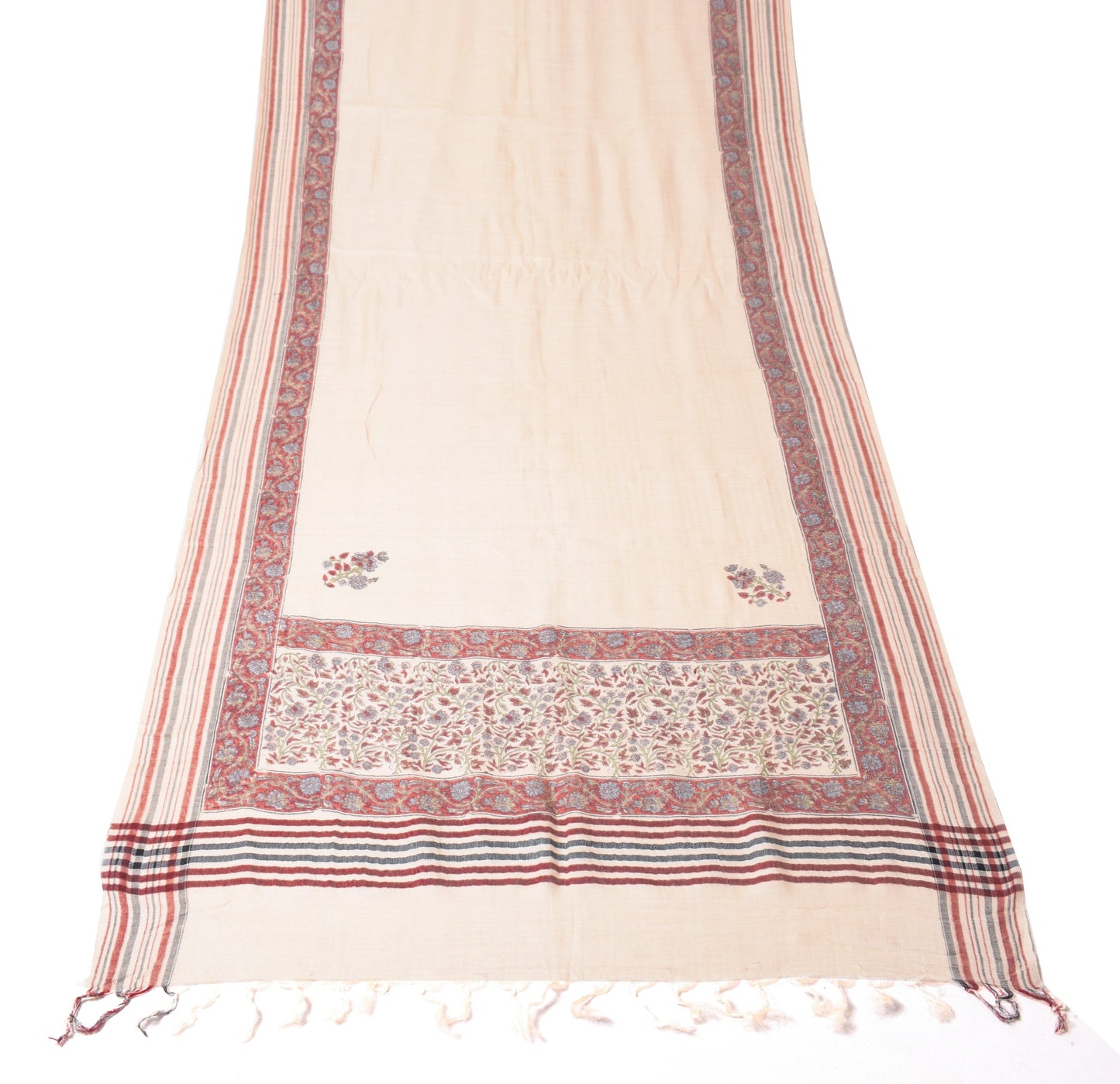 Sushila Vintage Cream Floral Dupatta 100%Pure Woolen Hand Block Print Long Stole