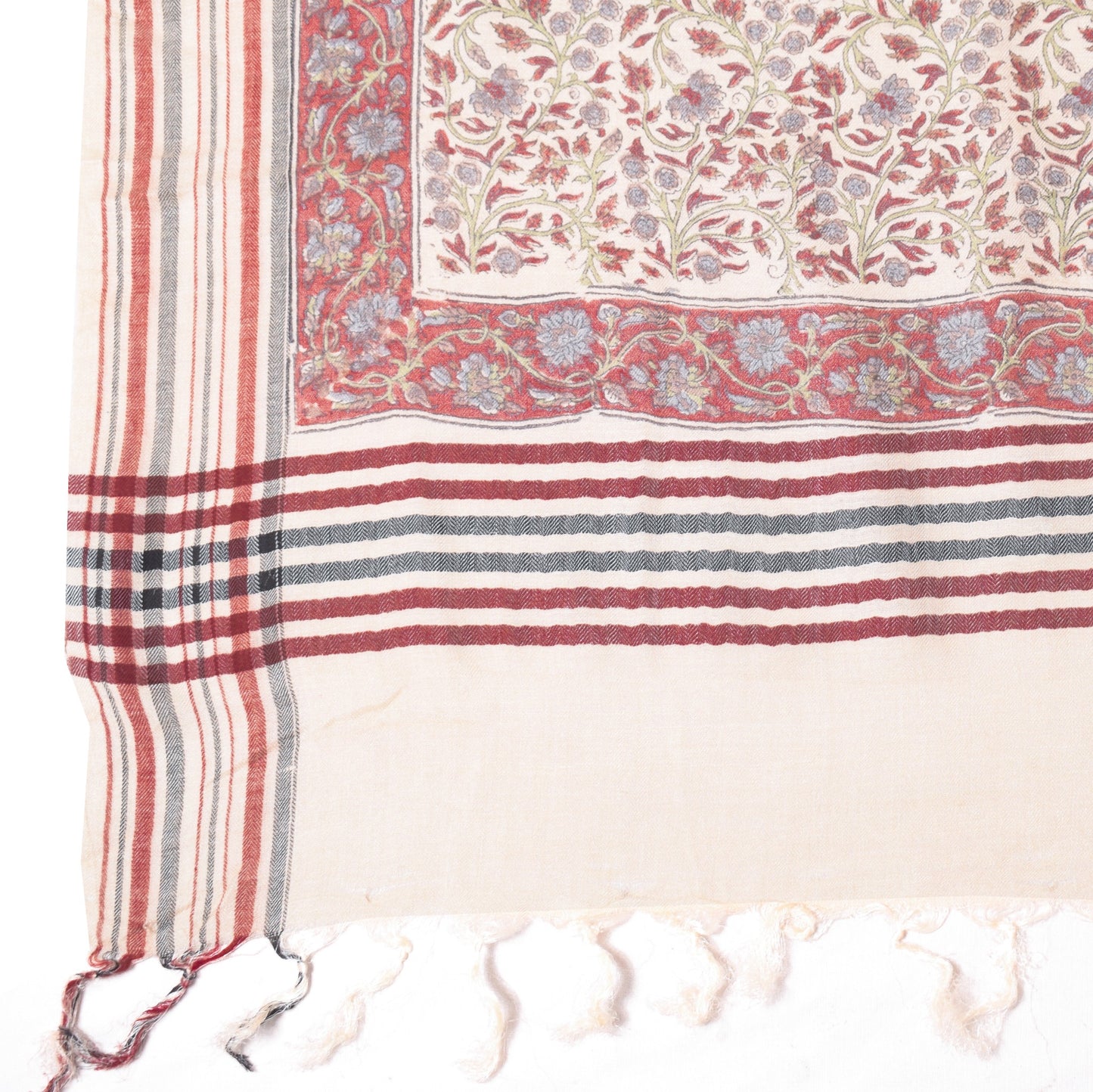 Sushila Vintage Cream Floral Dupatta 100%Pure Woolen Hand Block Print Long Stole
