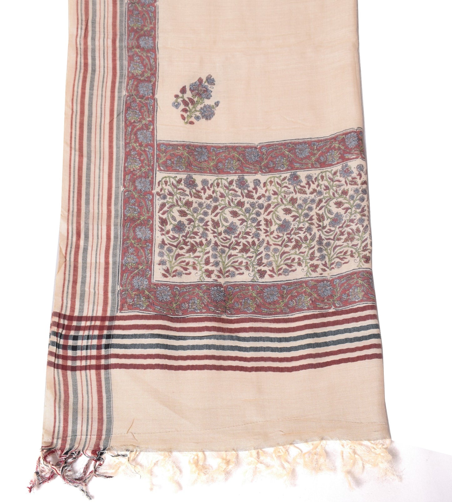 Sushila Vintage Cream Floral Dupatta 100%Pure Woolen Hand Block Print Long Stole