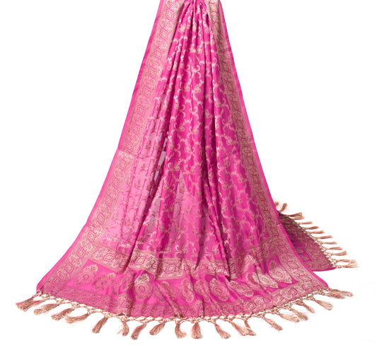 Sushila Vintage Magenta Dupatta Art Cotton Silk Floral Banarasi Woven Long Stole