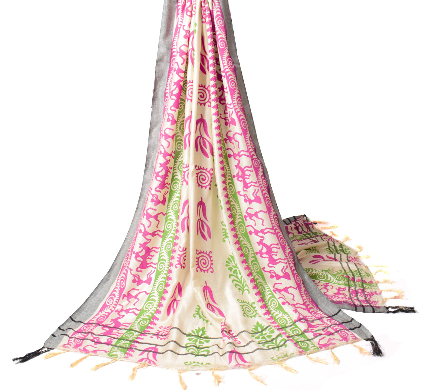 Sushila Vintage Cream Dupatta Art Woolen Warli & Floral Hand Print Long Stole