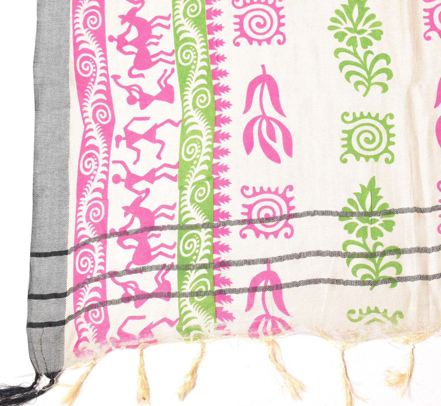 Sushila Vintage Cream Dupatta Art Woolen Warli & Floral Hand Print Long Stole