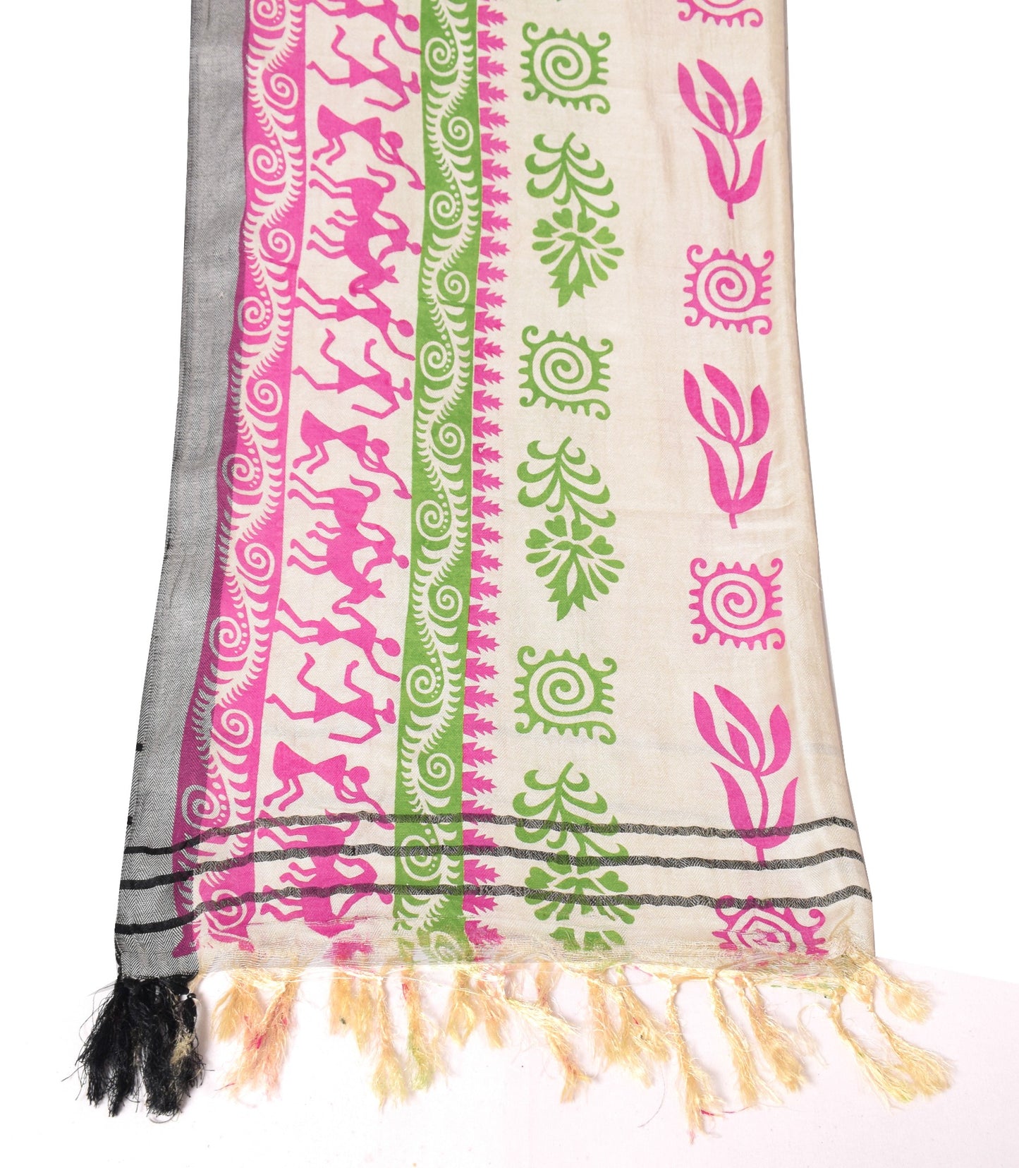Sushila Vintage Cream Dupatta Art Woolen Warli & Floral Hand Print Long Stole