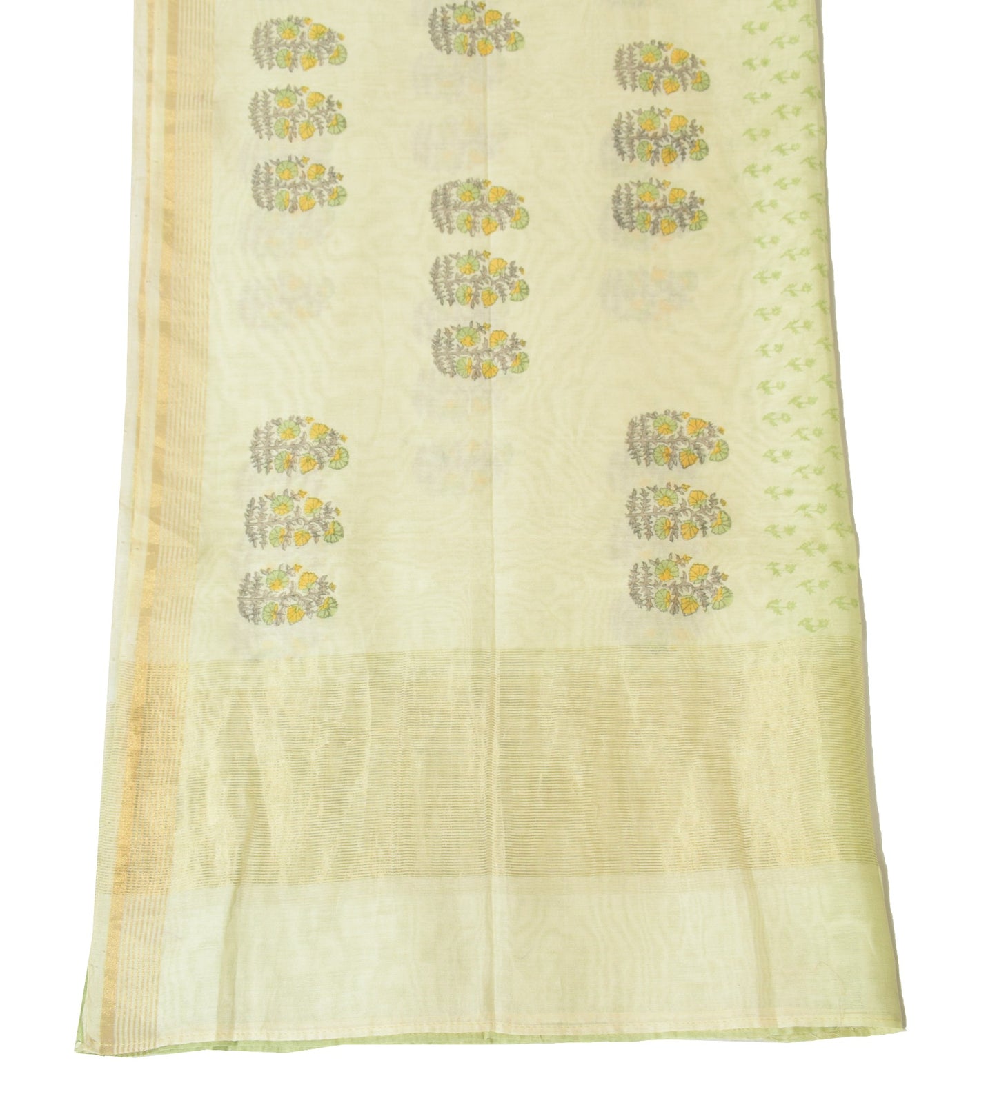 Sushila Vintage Cream & Green Dupatta %Pure Cotton Silk Hand Block Long Stole
