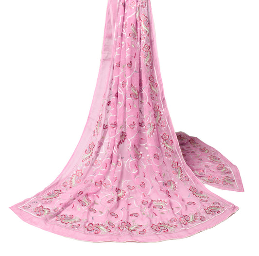 Sushila Vintage Pink Embroidered Dupatta Pure Chiffon Paisley Indian  Long Stole