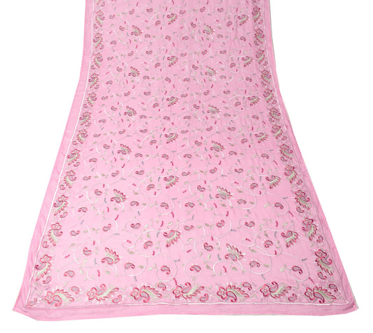 Sushila Vintage Pink Embroidered Dupatta Pure Chiffon Paisley Indian  Long Stole
