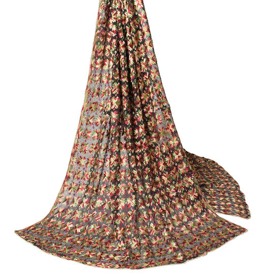 Sushila Vintage Bagh Phulkari Dupatta Art Chiffon Black Embroidered Long Stole