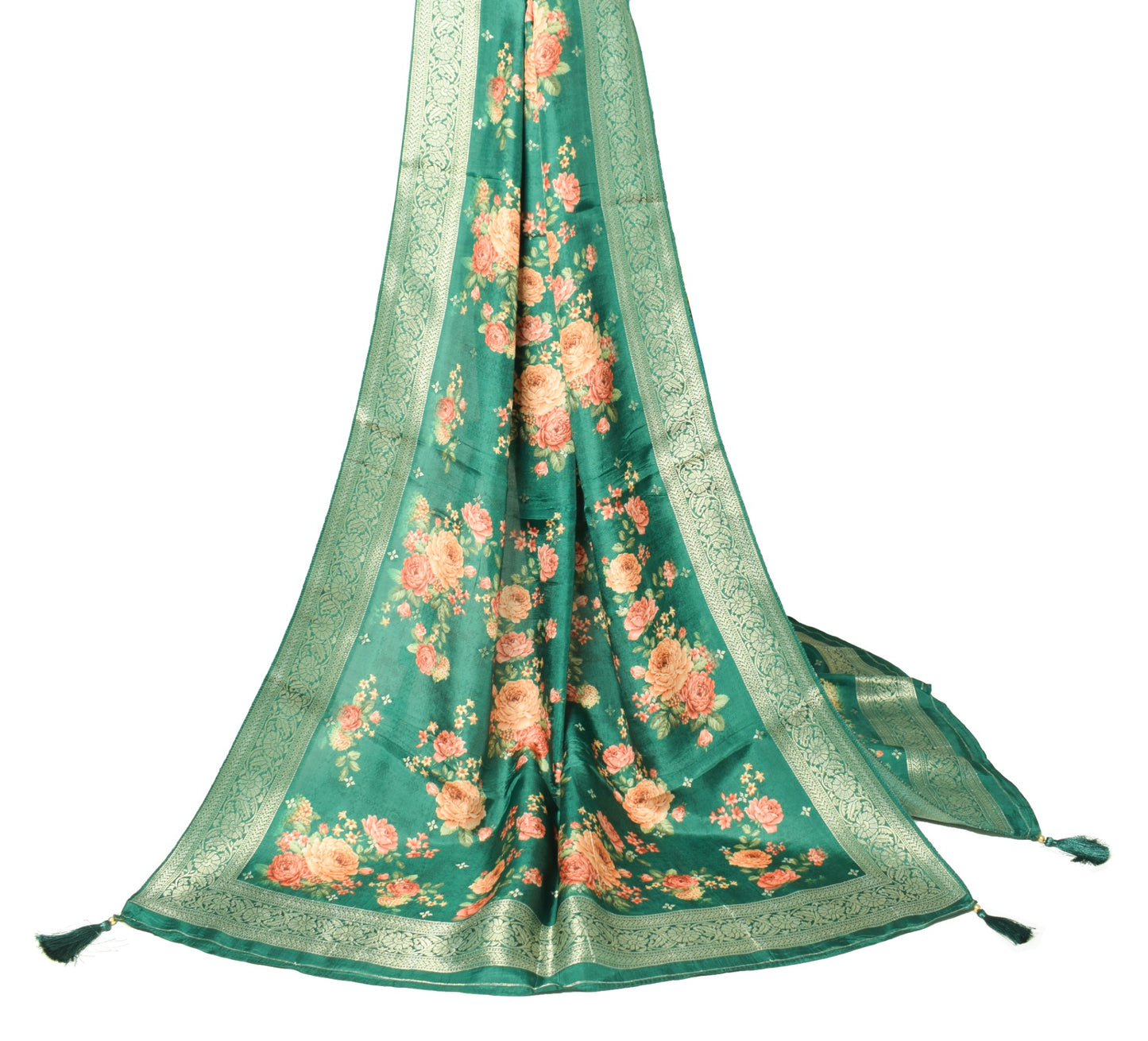 Sushila Vintage Dark Green Dupatta Digital Printed & Woven Pure Silk Long Stole