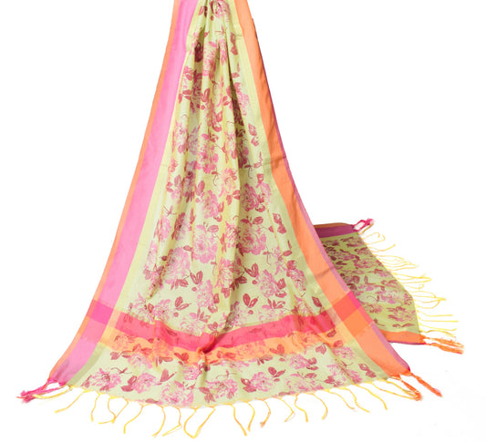 Sushila Vintage Floral Green Dupatta Art Cotton Silk Hand Block Long Stole Wrap