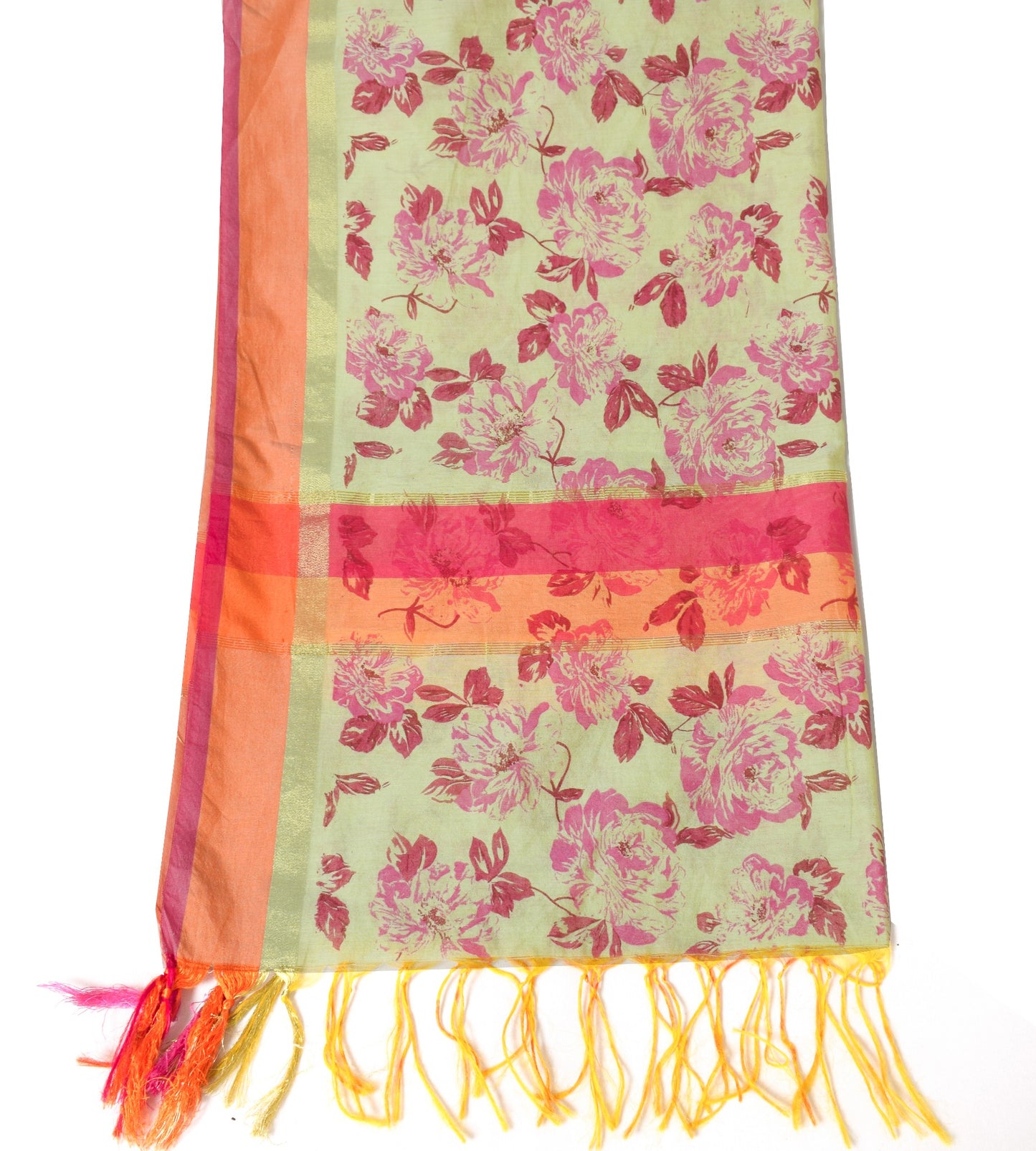 Sushila Vintage Floral Green Dupatta Art Cotton Silk Hand Block Long Stole Wrap