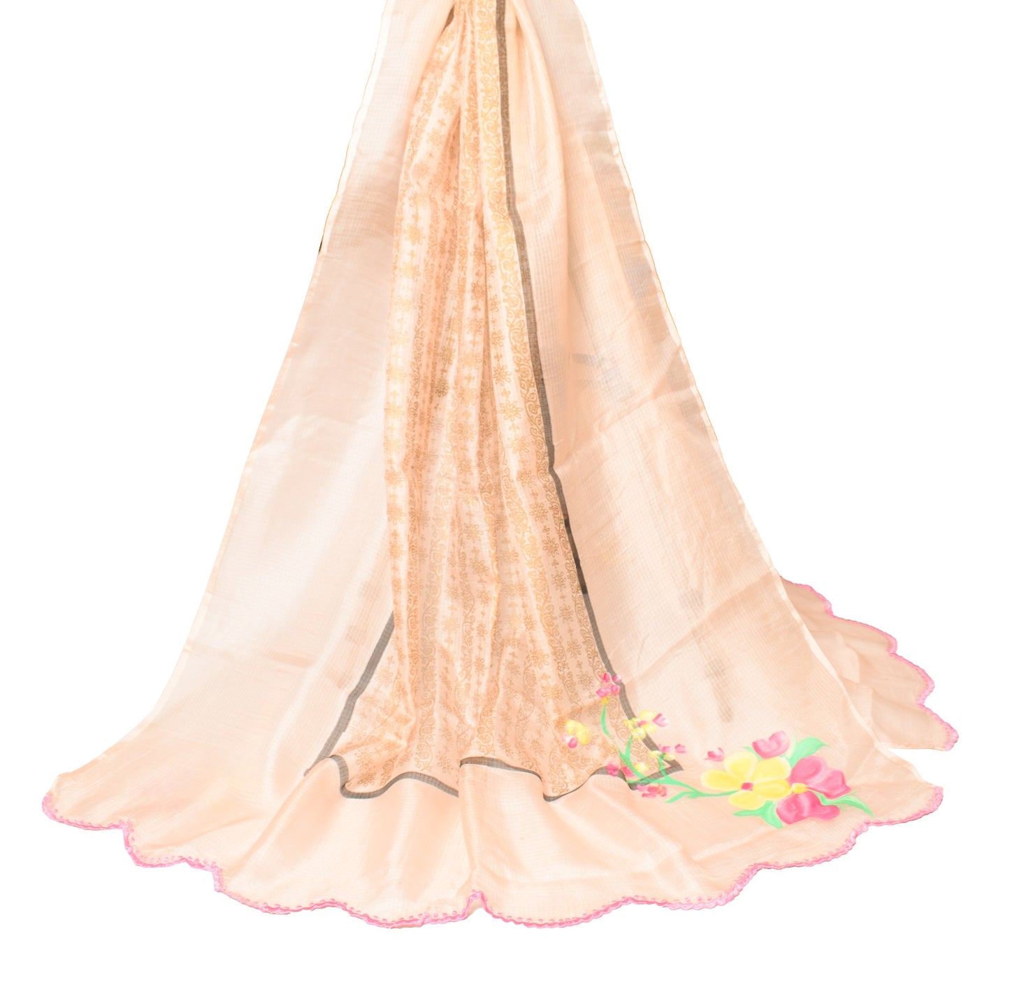 Sushila Vintage Floral Peach Dupatta Hand Print Pure Kota Doria Silk Long Stole