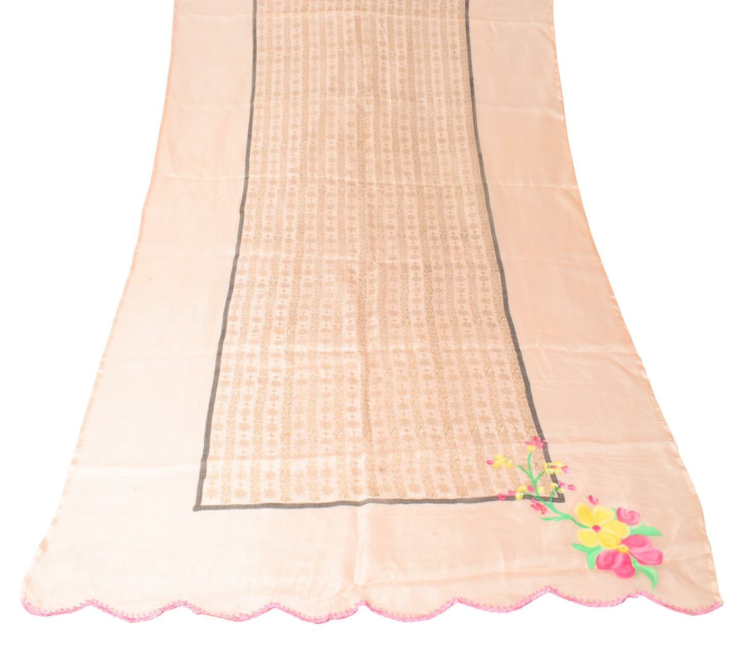 Sushila Vintage Floral Peach Dupatta Hand Print Pure Kota Doria Silk Long Stole