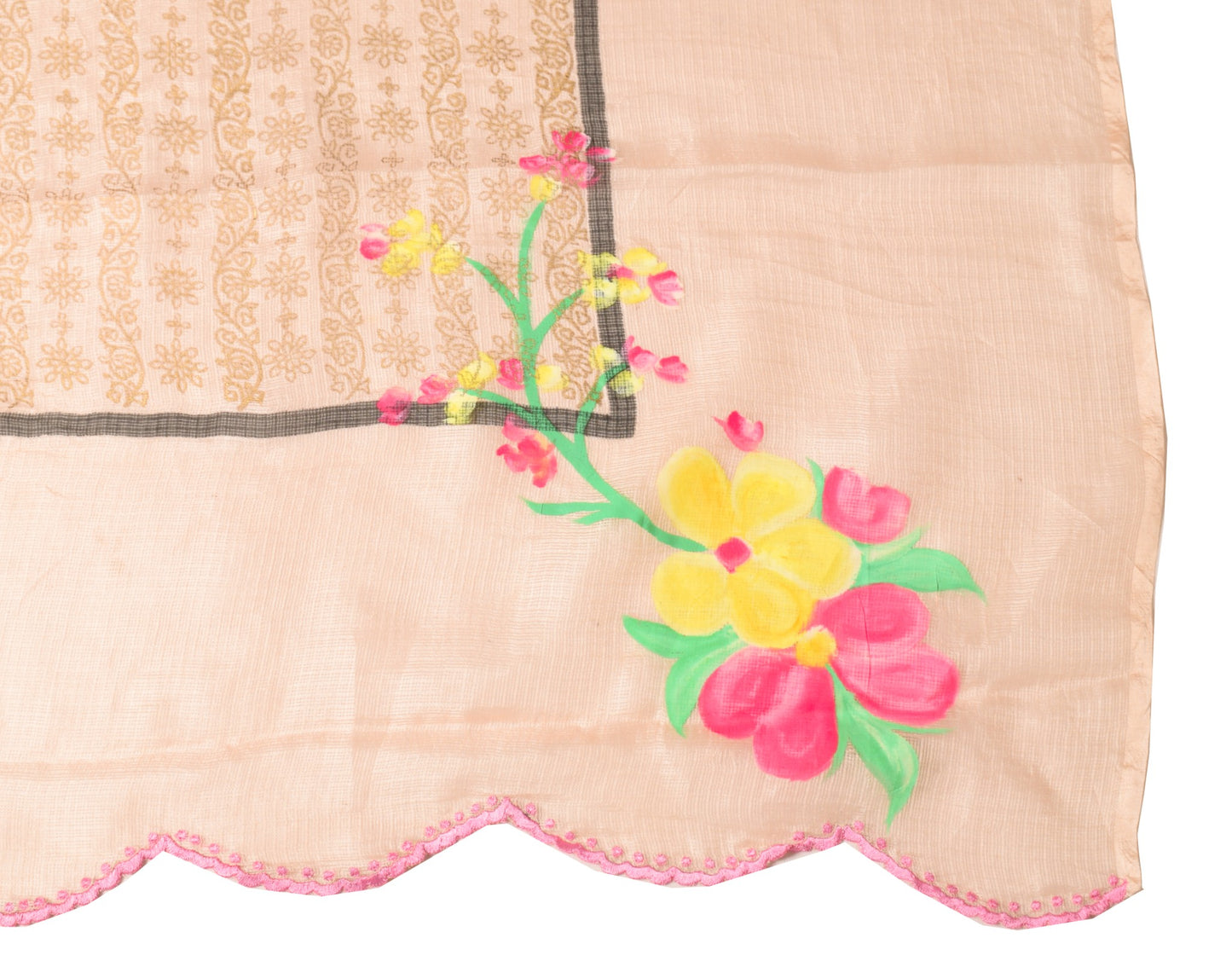 Sushila Vintage Floral Peach Dupatta Hand Print Pure Kota Doria Silk Long Stole